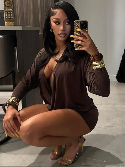 Elegant Deep V-Neck Mini Dress long Sleeve