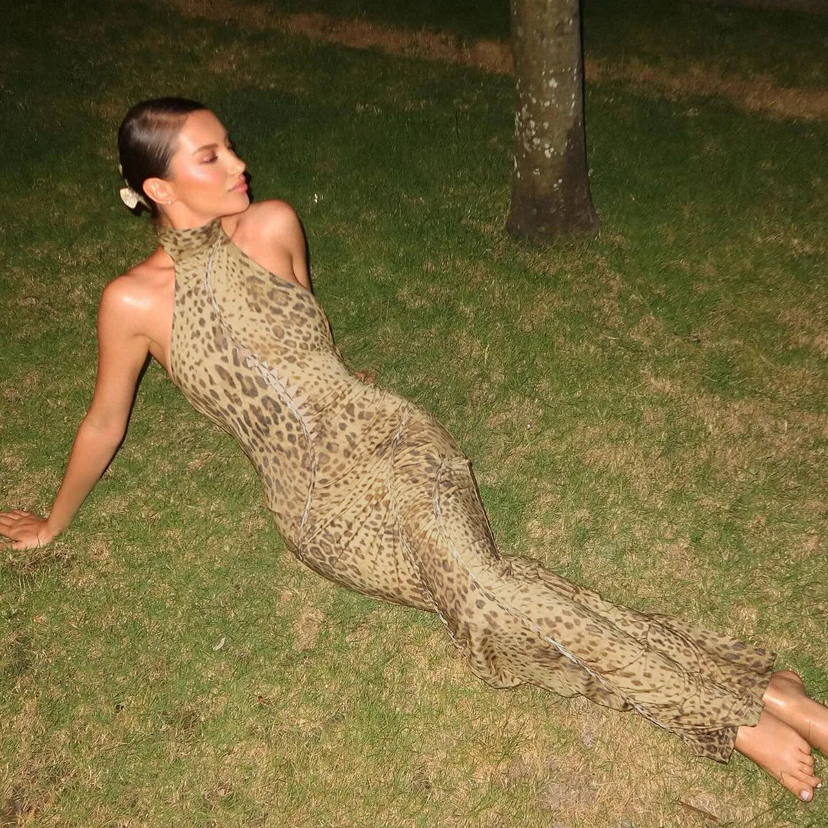 Halter Leopard Maxi Dress backless